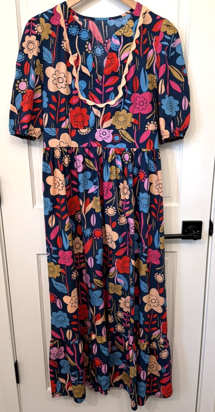 Whimsical Maximalist Dark Romantic Floral Midi Dress M 100% Cotton Garden Retro